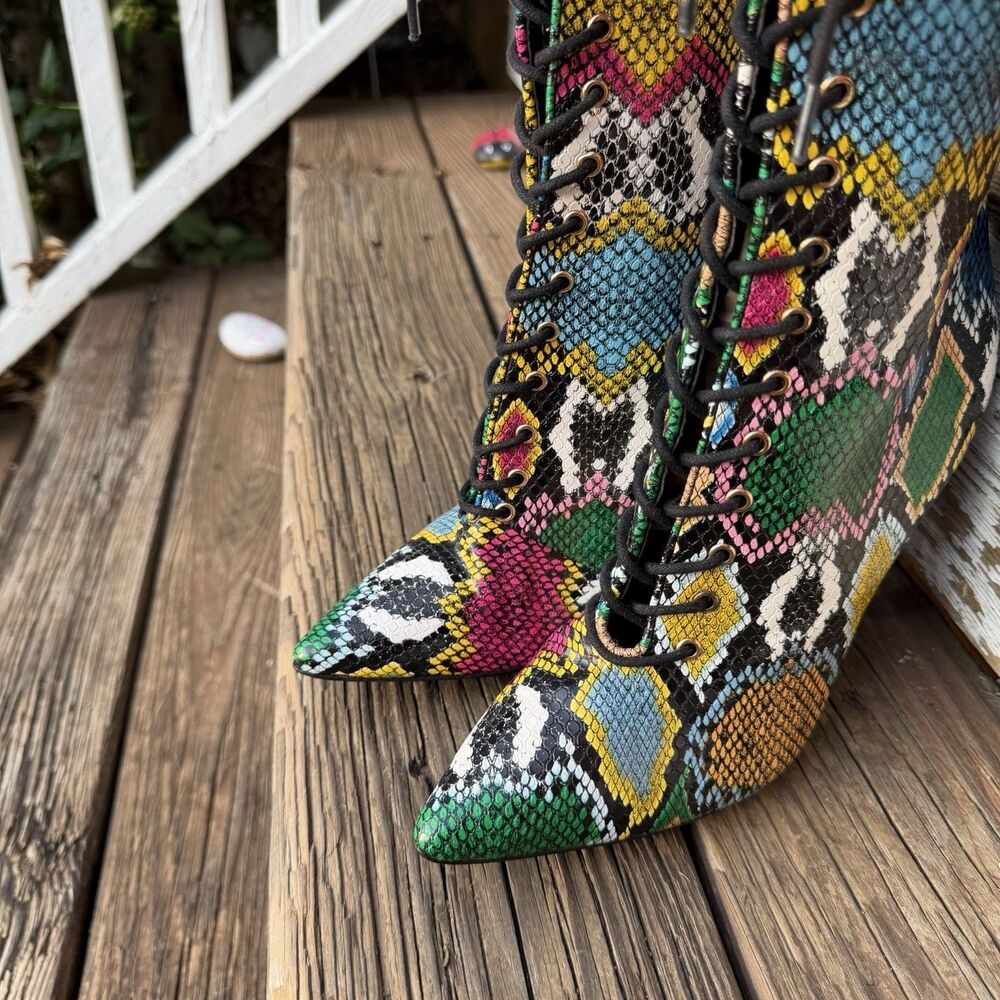 Liliana Womens Size 8 Colorful Snakeskin Lace Up Stiletto Knee High Boots - Picture 2 of 10